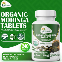 Grenera Organic Moringa leaf powder on label indicating certifications.