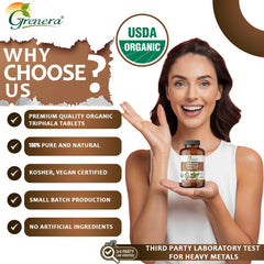 Grenera Triphala packaging emphasizes organic certification and kosher vegan status.