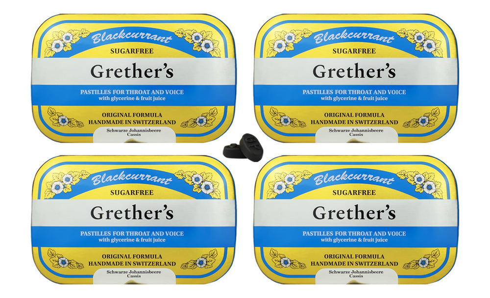GRETHER'S Sugarfree Blackcurrant Pastilles tin front – premium Swiss packaging for on-the-go flavor