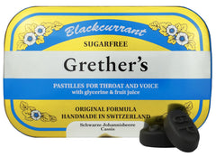 GRETHER'S sugarfree blackcurrant pastilles tin on white, premium Swiss quality for on-the-go use
