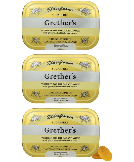 GRETHER'S Sugarfree Elderflower Pastilles tin close-up, premium Swiss craftsmanship.