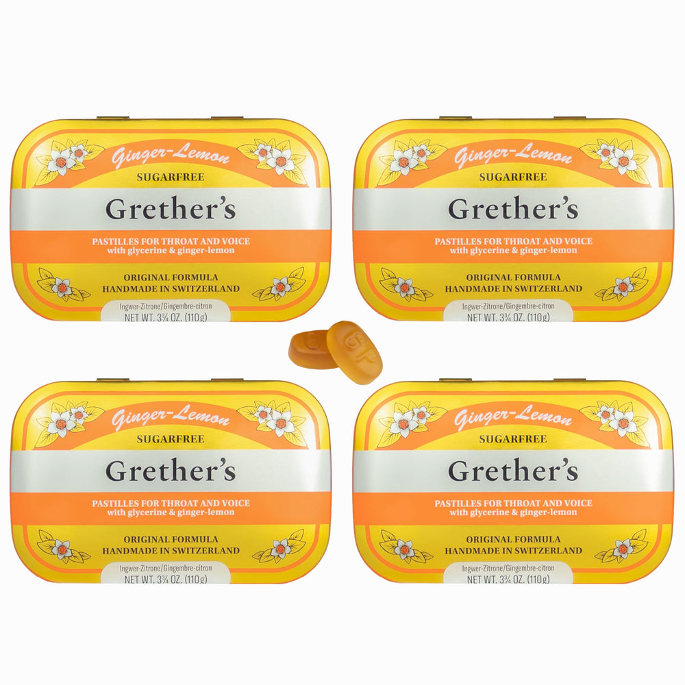 GRETHER'S ginger lemon pastilles in a compact pack front for dry mouth relief.