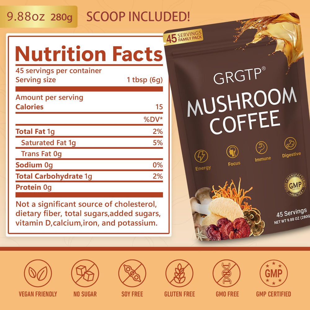 GRGTP Mushroom Coffee cold brew in a glass with ice