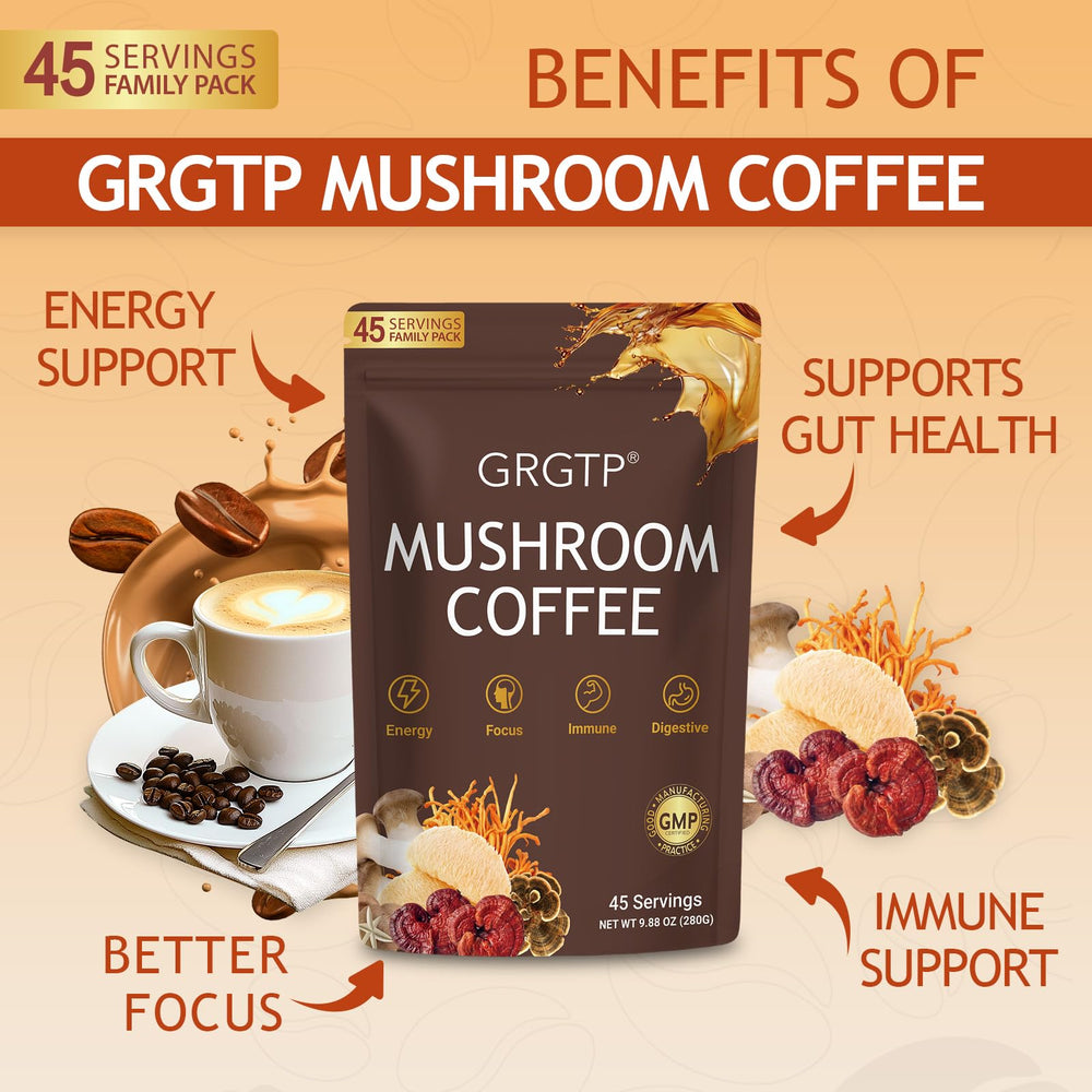 GRGTP Mushroom Coffee ingredients closeup highlighting the six mushrooms