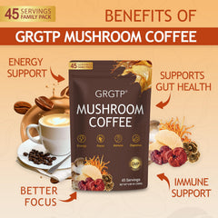 GRGTP Mushroom Coffee ingredients closeup highlighting the six mushrooms