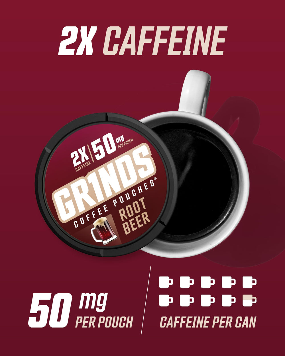 Six-can display of Grinds root beer pouches for travel and work