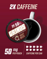 Six-can display of Grinds root beer pouches for travel and work