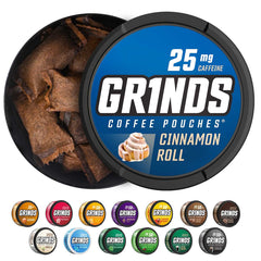 GRINDS Cinnamon Roll pouch closeup highlights caffeine boost