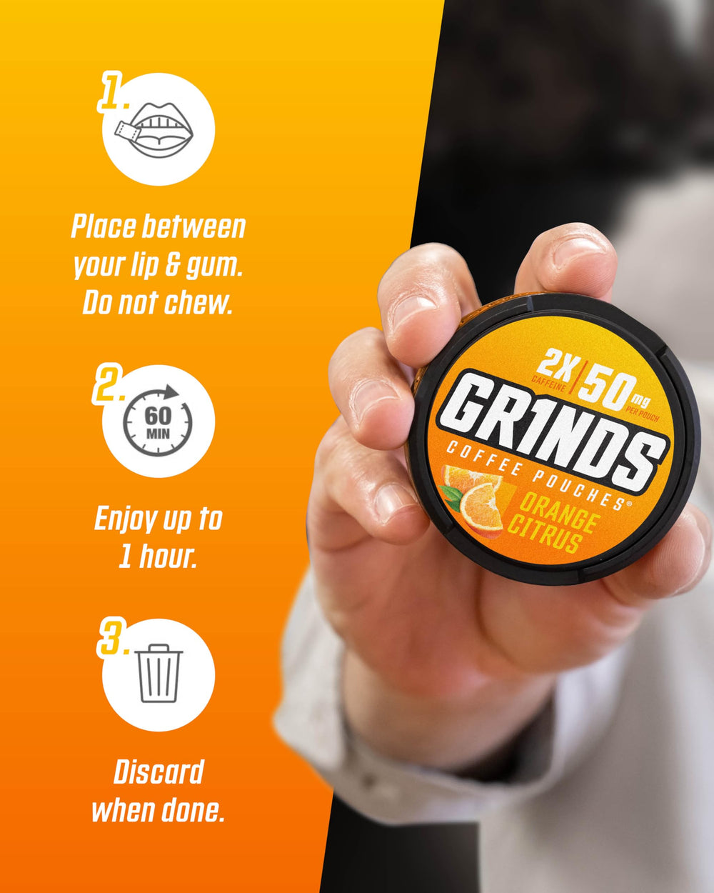 GRINDS Orange Citrus pouch with bright taste and lift.