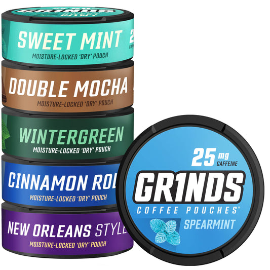 Grinds 6-Can Sampler Pack front view shows variety and portable format