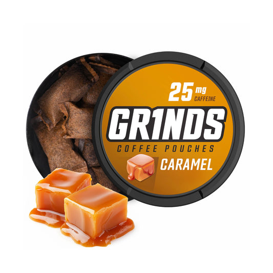 GRINDS caramel coffee pouches in a 10-pack for clean energy on the go.