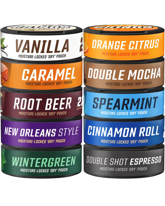 GRINDS coffee pouches variety pack front display for portable energy