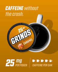 GRINDS energy boost can with 18 pouches demonstrates caffeine per serving.
