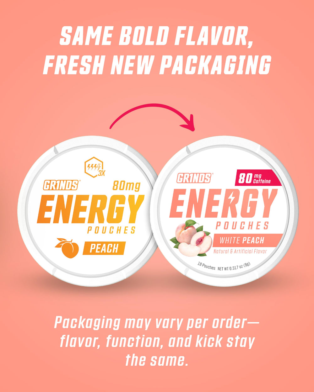 GRINDS Energy Pouches White Peach can close-up, clean label caffeine source.
