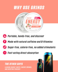GRINDS Energy Pouches White Peach can-open showing 15 pouches, travel-friendly.