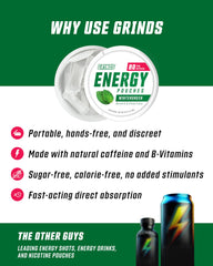 GRINDS Wintergreen energy pouch packaging display showing a can.