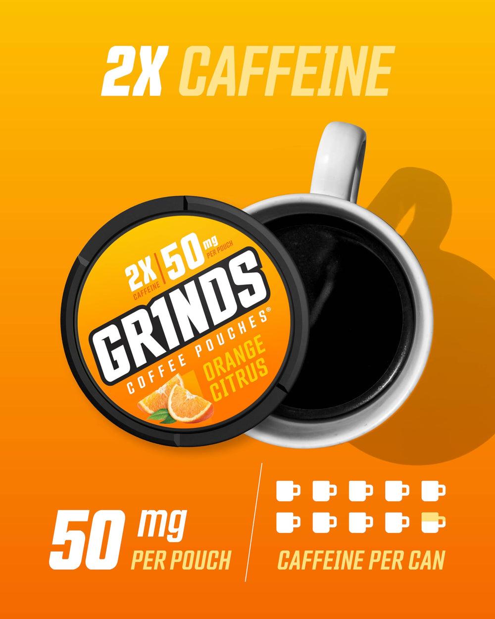 GRINDS Orange Citrus pouch open highlighting moisture-locked dry format