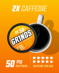 GRINDS Orange Citrus pouch open highlighting moisture-locked dry format