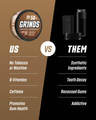 Grinds pouches in can shown for convenient daily routine.