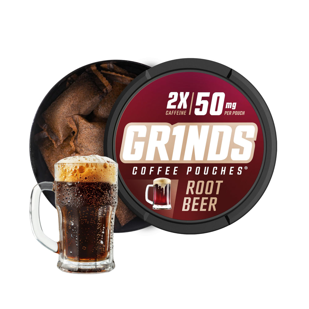 GRINDS Root Beer pouches in a 6-can pack for on-the-go energy