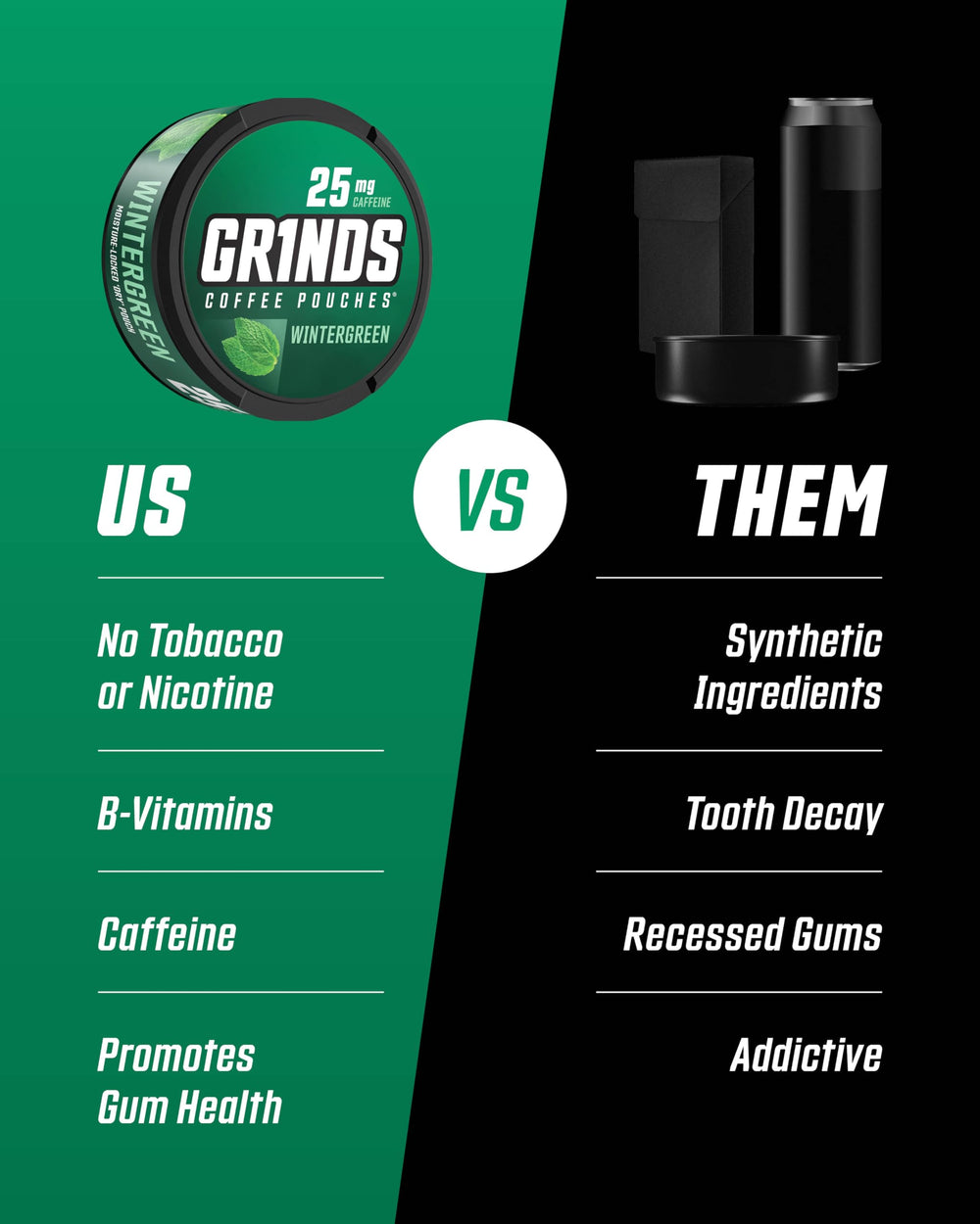 GRINDS Wintergreen pouches on table illustrate quick caffeine boost anywhere.