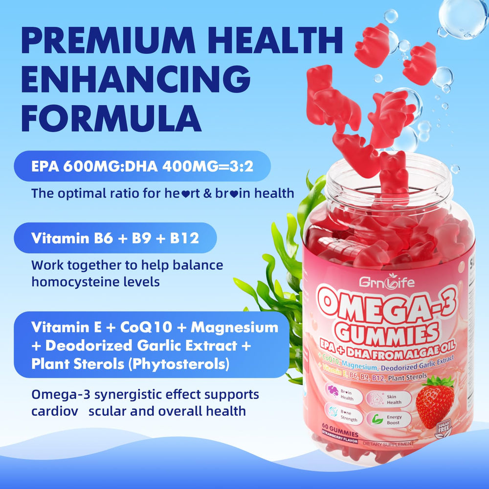 GrnLife omega-3 algae label displays EPA 600mg and DHA 400mg values