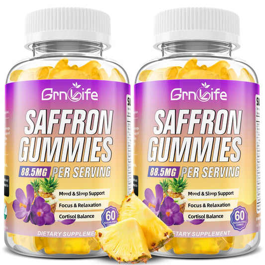GrnLife saffron gummies bottle front view, highlighting packaging and trust.