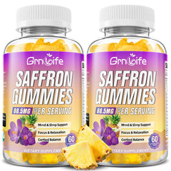 GrnLife saffron gummies bottle front view, highlighting packaging and trust.