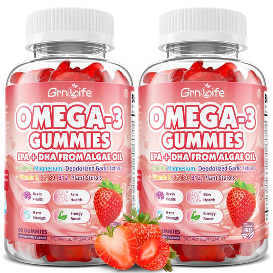 GrnLife vegan omega-3 gummies bottle with strawberry flavor for daily wellness