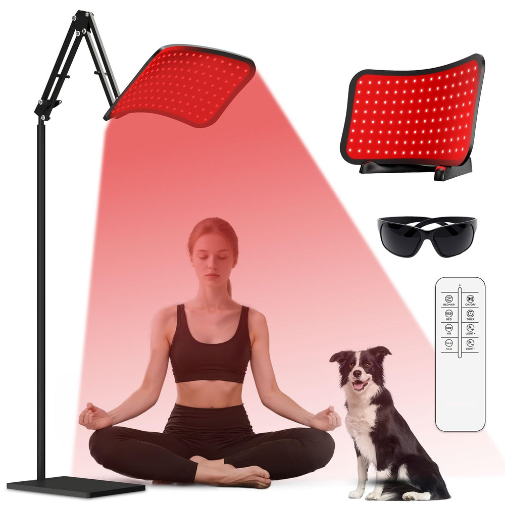 GrnSprX red light therapy on adjustable stand targets face and body relief.