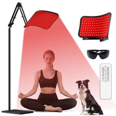 GrnSprX red light therapy on adjustable stand targets face and body relief.