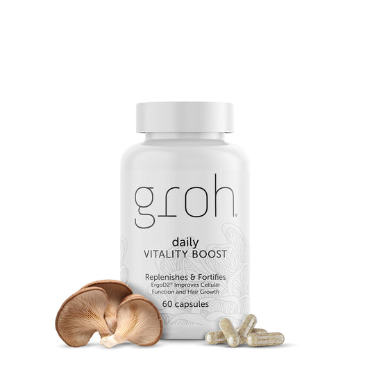 Groh Daily Vitality Boost bottle promotes healthier hair and nails
