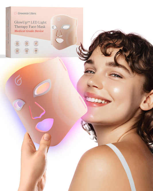 Groomie GlowUp mask with red light for rejuvenation and brightness on the complexion.
