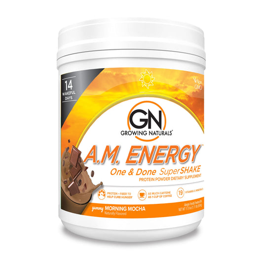 Growing Naturals One & Done SuperShake bottle ready for a protein-packed morning.