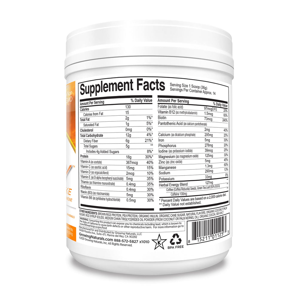 Growing Naturals One & Done SuperShake powder scoop beside a creamy shake.