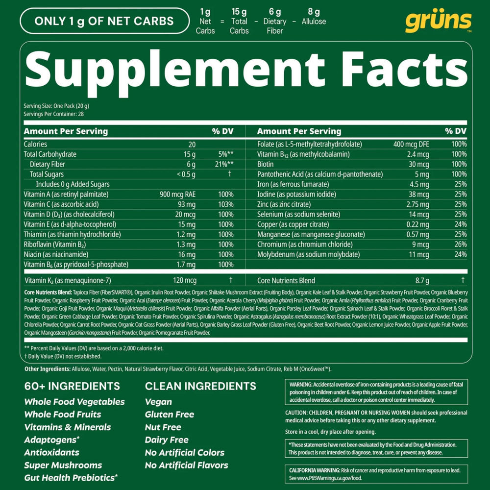 Grüns 28-day on-the-go packs for easy daily use.