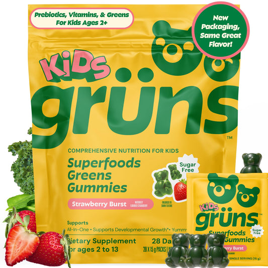 Grüns kid multivitamin gummies in strawberry flavor for daily nutrition and gut-friendly support.