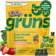 Grüns Kids Multivitamin Gummies in strawberry pack; supports daily wellness during busy school days.