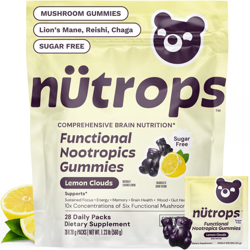 Grüns Nutrops Lion's Mane gummies bottle front promote focus and mental clarity.