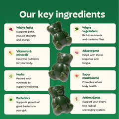 Close-up of Grüns gummies showing vibrant strawberry flavor
