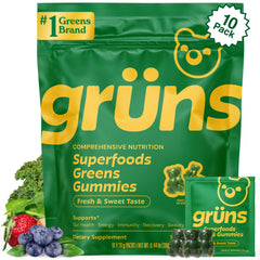 Grüns Super Greens Gummies bottle front view for easy daily multivitamin support.