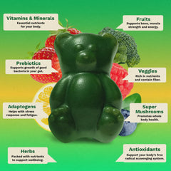 Grüns Super Greens Gummies fiber boost: 6g soluble fiber per serving.