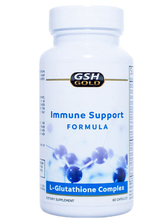 GSH Gold reduced glutathione bottle with capsules for potential immune support and wellness.