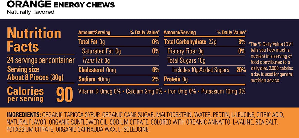 GU Energy Chews dairy-free ingredient list shown on packaging.