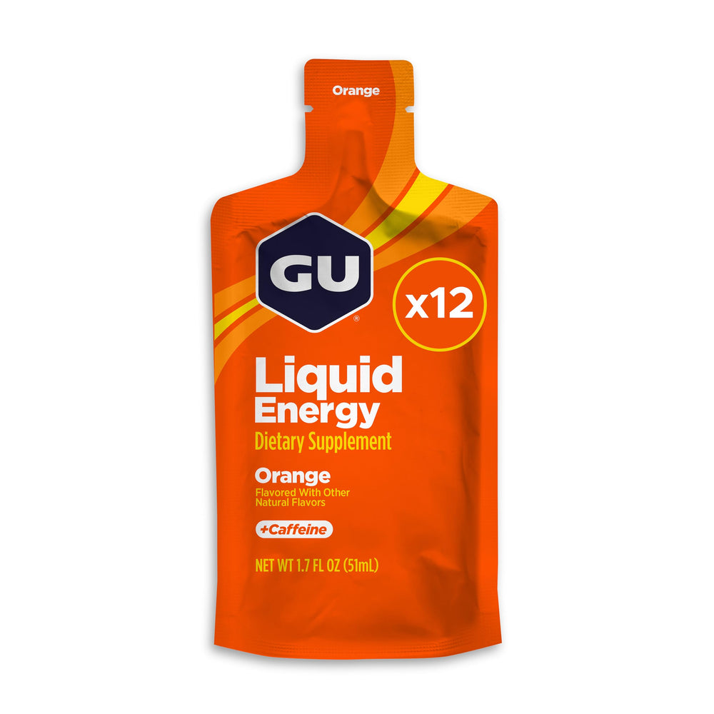 GU Energy Liquid Energy Orange packet ready for on-the-go fueling during workouts.