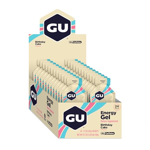 GU Energy Original Birthday Cake gel pack back view highlighting electrolytes for hydration