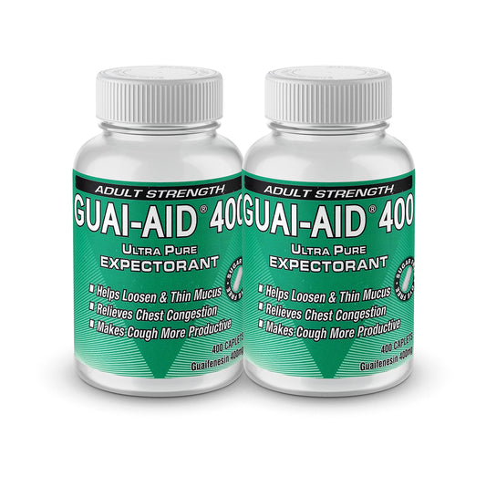 GUAI-AID 800 caplets bottle front shows the dye-free, easy-to-swallow design.