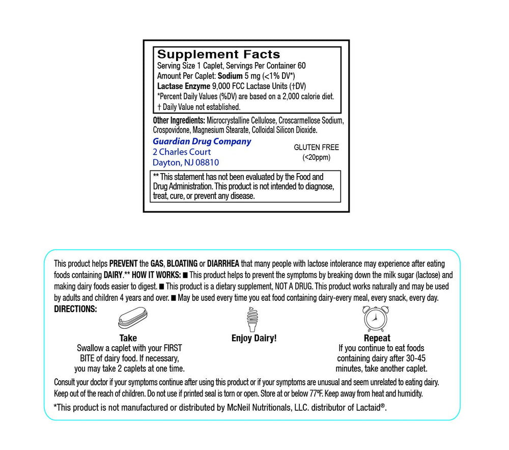 Close-up of Guardian Dairy Relief label highlighting the lactase enzyme content.