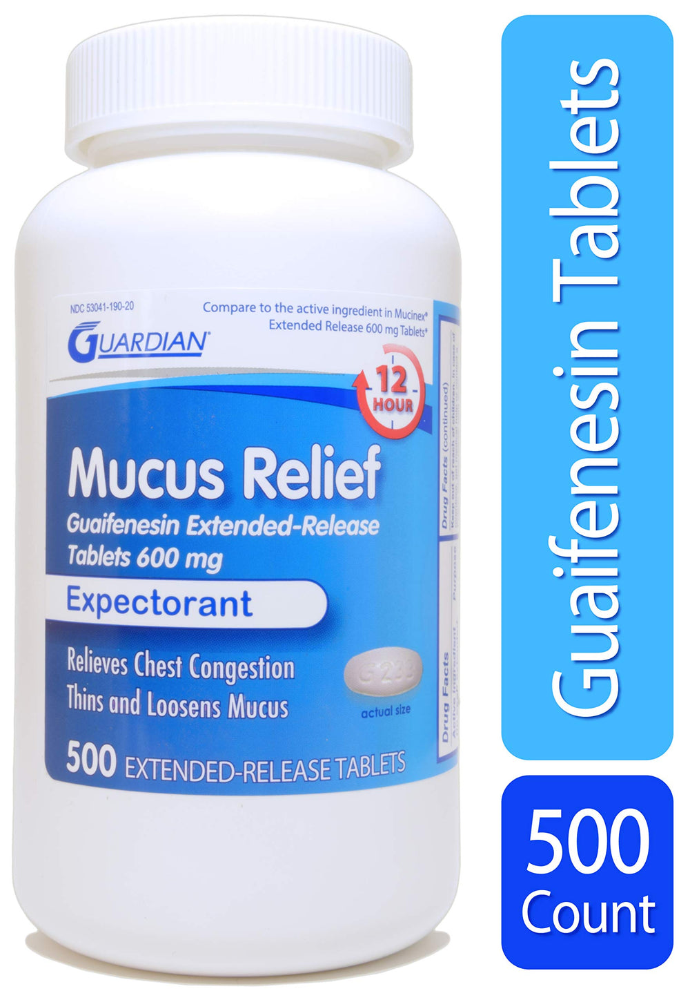 guardian mucus relief bottle with packaging on a kitchen counter