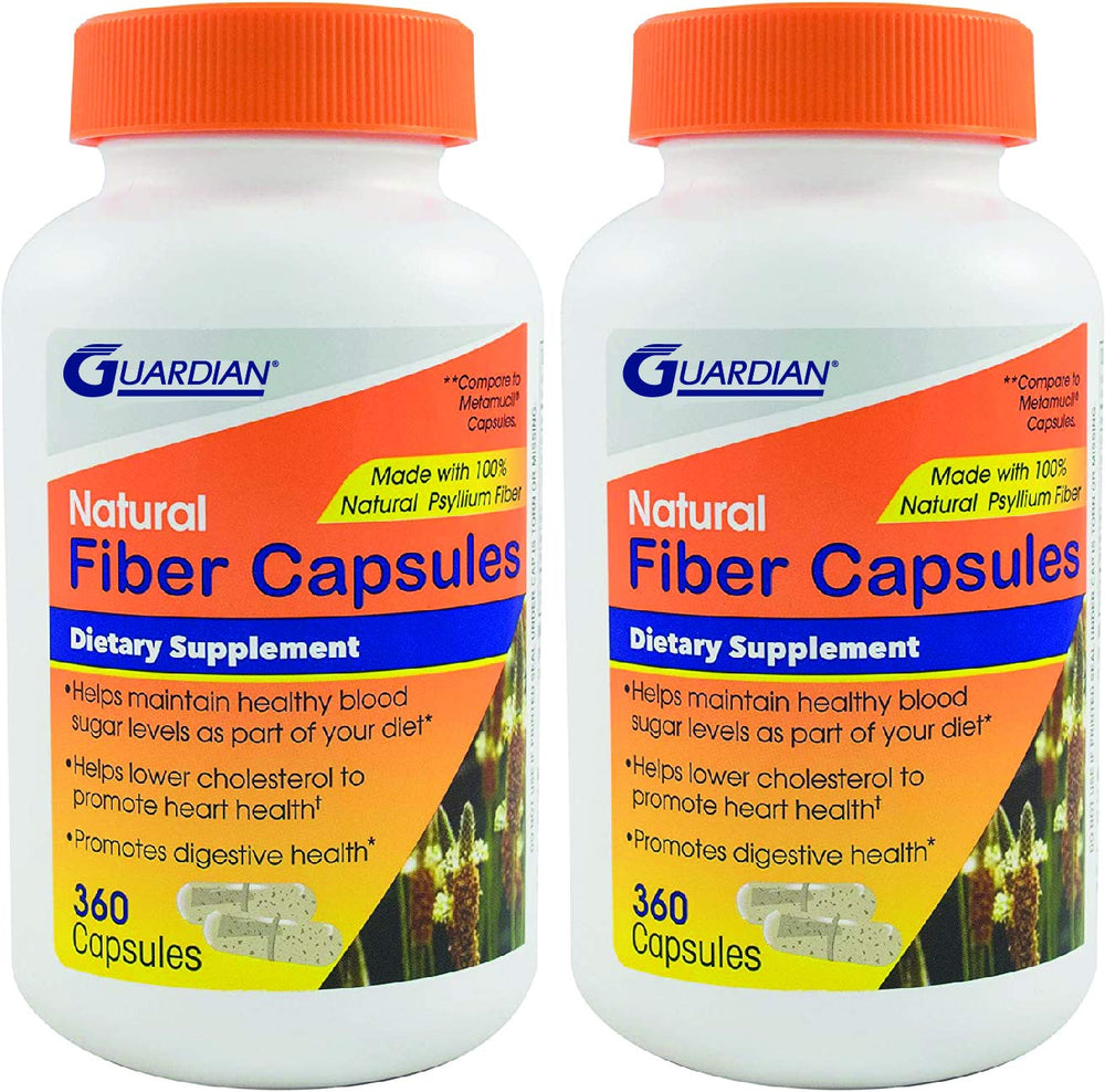 Guardian Psyllium Fiber Capsules bottle, easy daily fiber support and convenient dosing